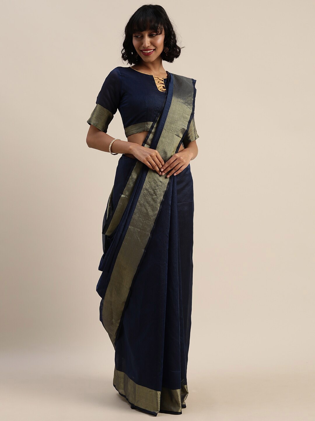 

SAADHVI Navy Blue & Gold-Toned Zari Art Silk Saree