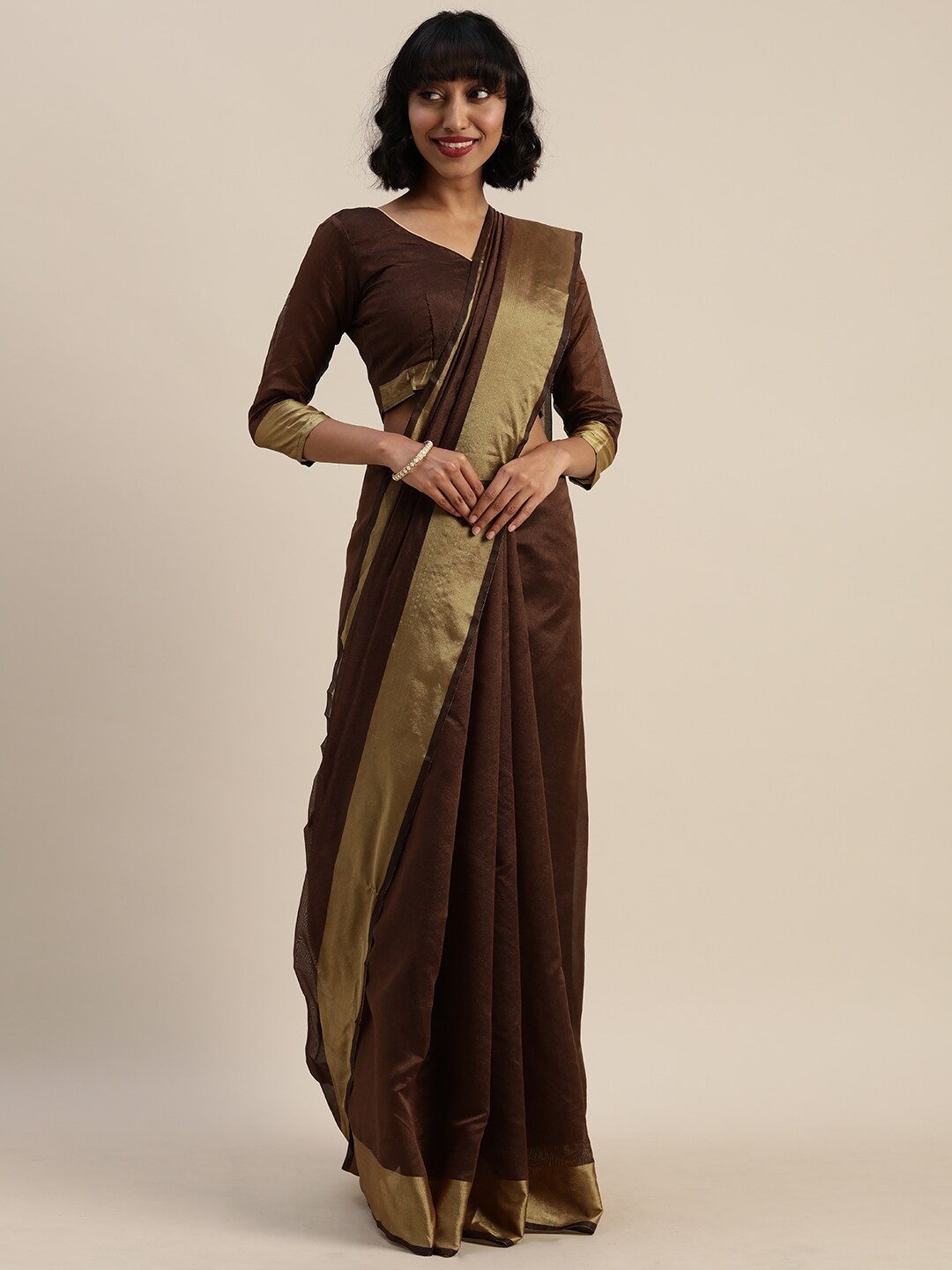 

SAADHVI Brown & Gold-Toned Zari Art Silk Saree
