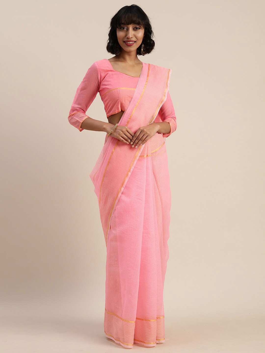 SAADHVI Pink Striped Pure Cotton Saree