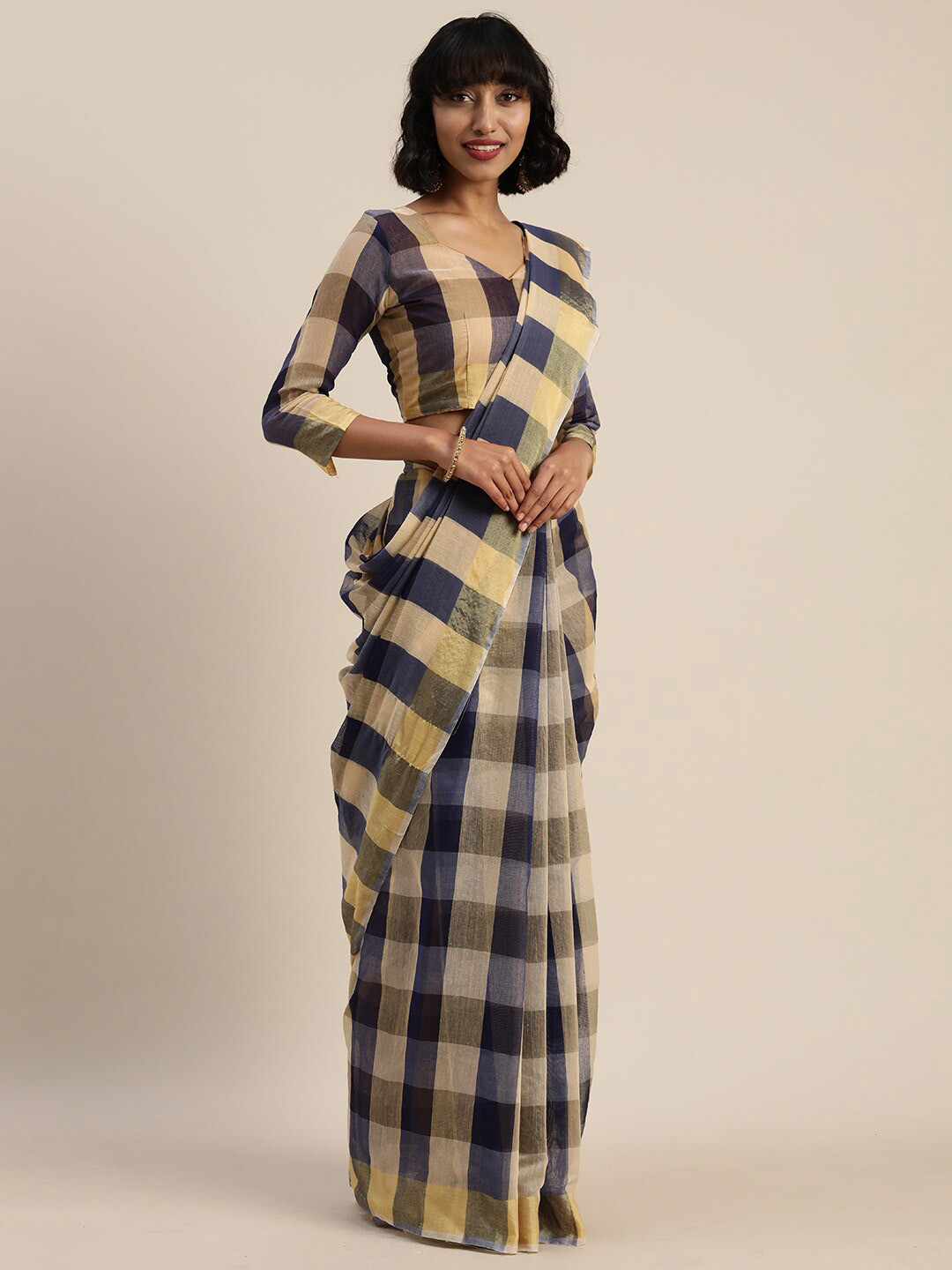 

SAADHVI Black & Beige Checked Pure Cotton Saree