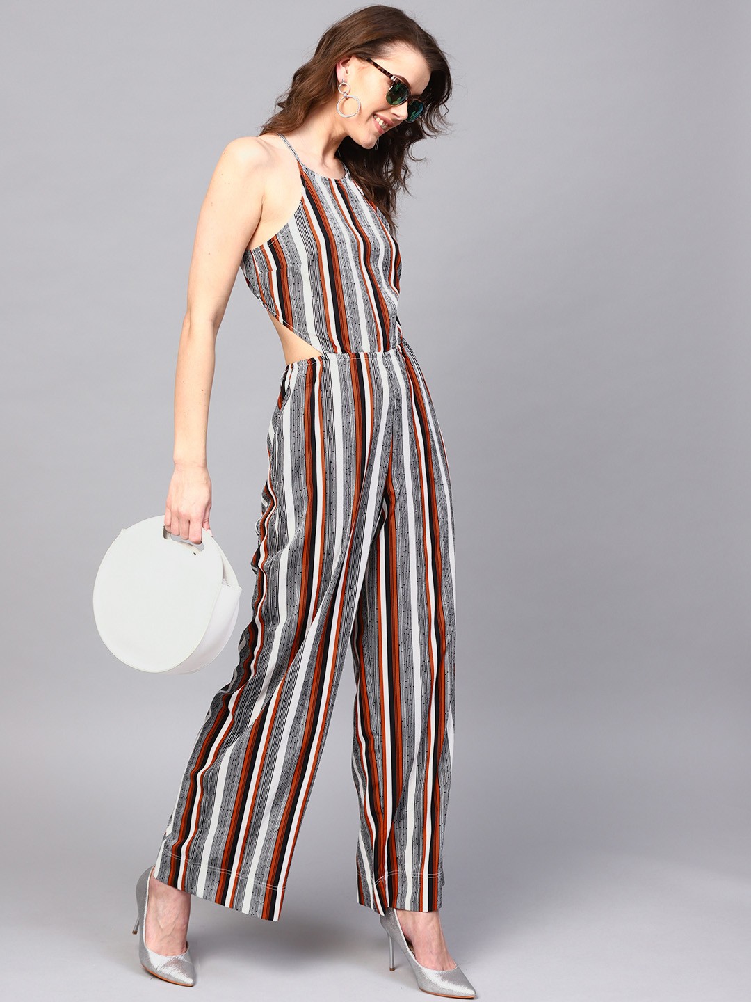 

SASSAFRAS White & Black Striped Basic Jumpsuit