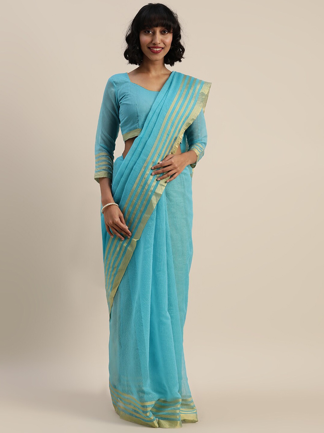 

SAADHVI Turquoise Blue & Gold-Toned Zari Pure Cotton Saree