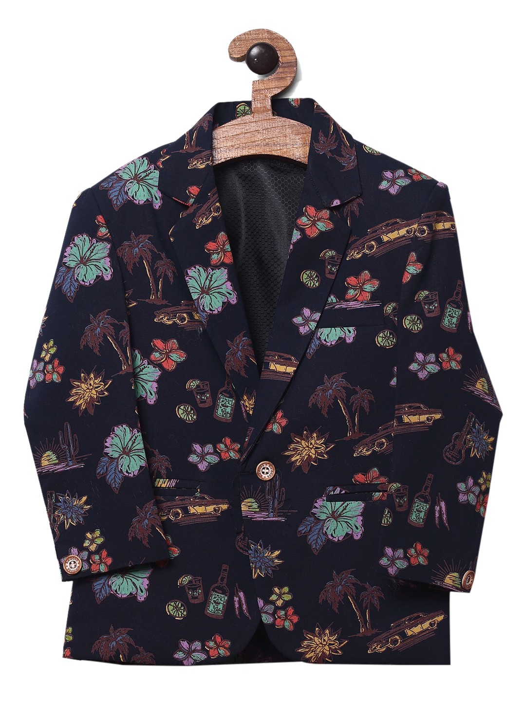 

RIKIDOOS Boys Navy Blue Printed Single-Breasted Blazer