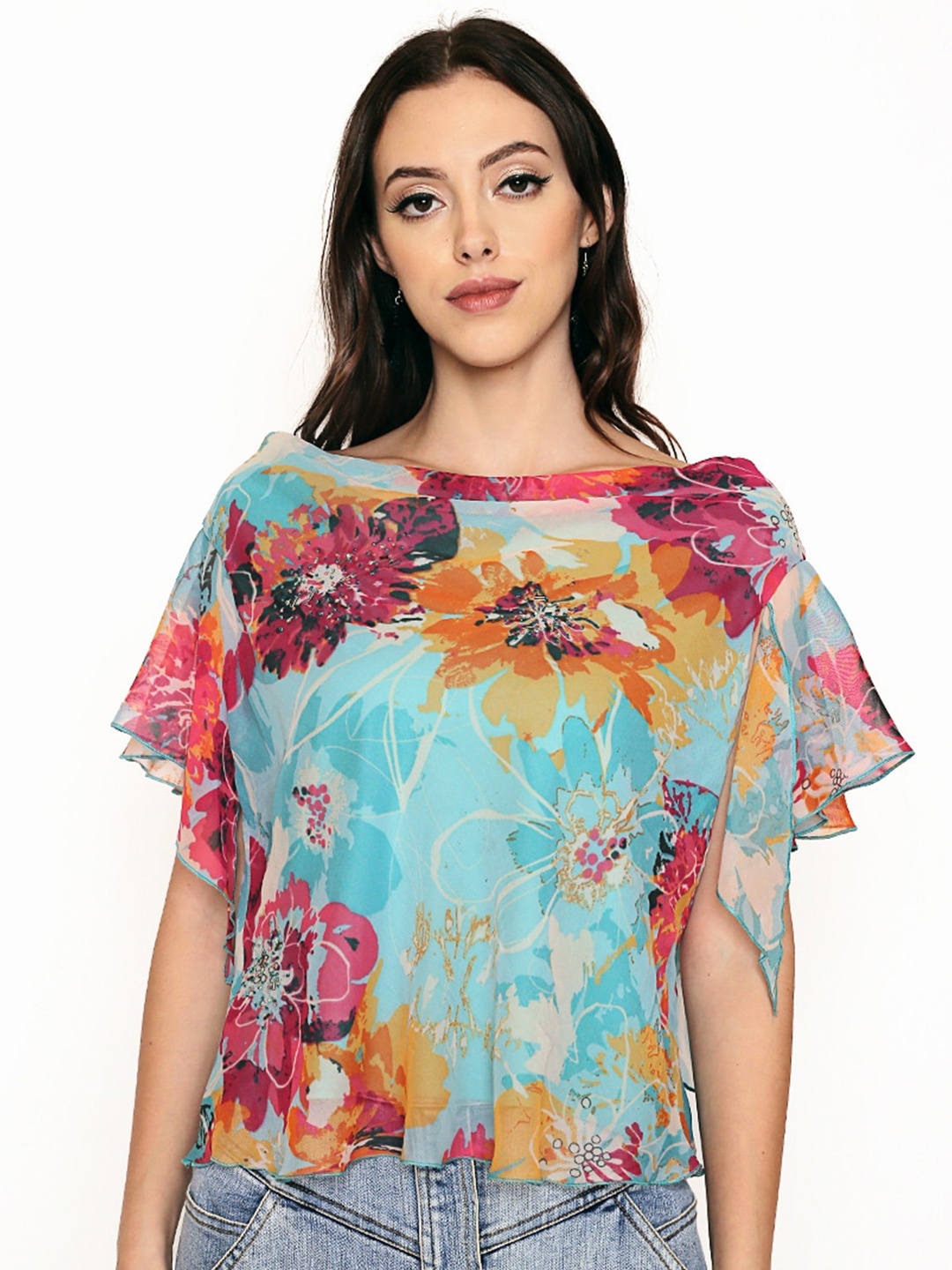 

250 DESIGNS Multicoloured Floral Print Georgette Top, Multi