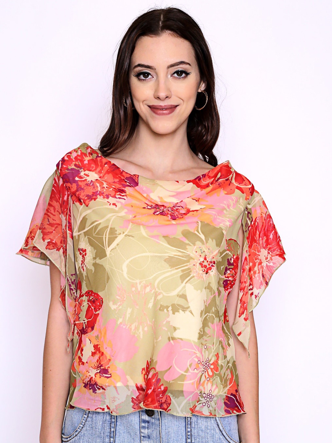

250 DESIGNS Red & Beige Floral Print Cowl Neck Georgette Top