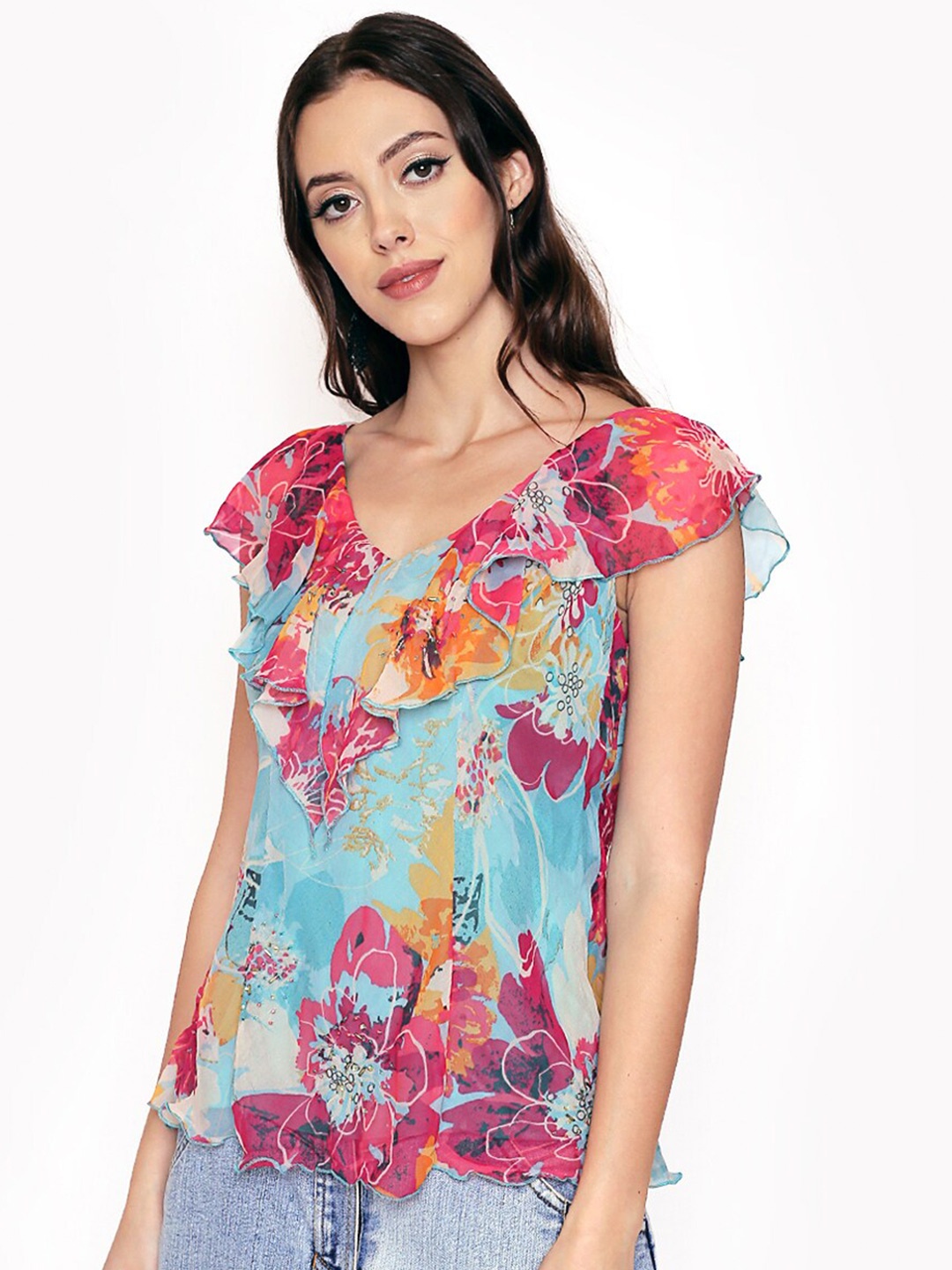 

250 DESIGNS Pink & Blue Floral Print Georgette Top
