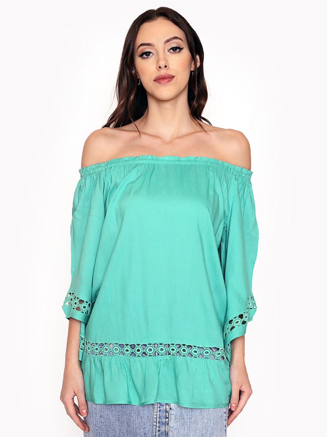 

250 DESIGNS Blue Solid Off-Shoulder Lace Bardot Top