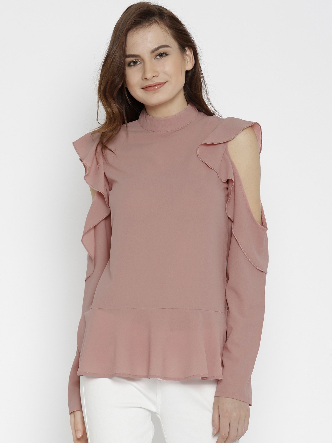 

SASSAFRAS Women Dusty Pink Solid Cold-Shoulder Top