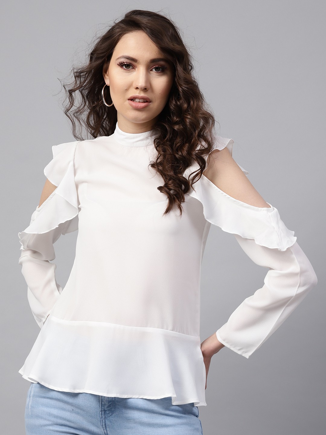 

SASSAFRAS Women White Solid Cold-Shoulder A-Line Top