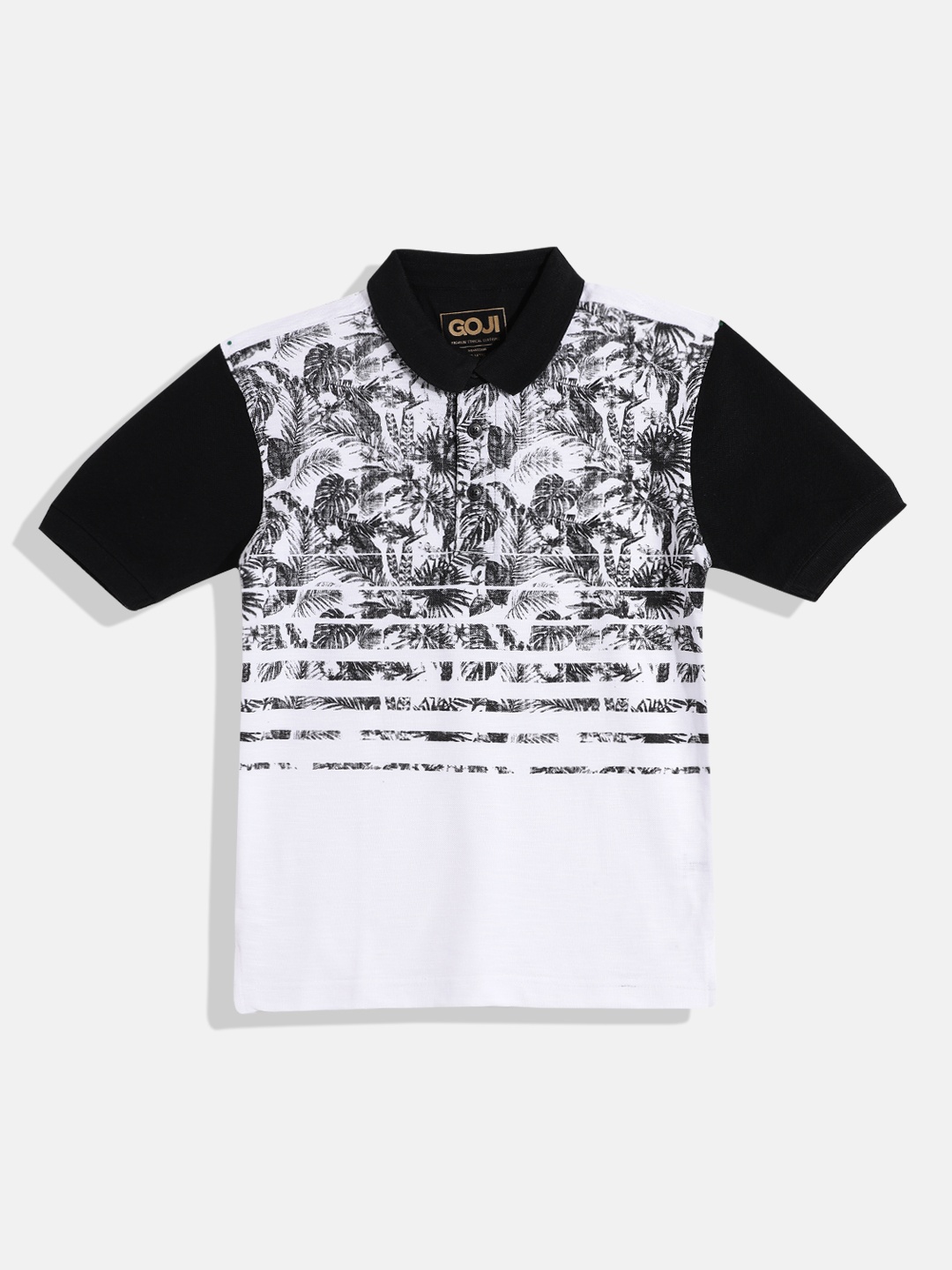 

GOJI Boys White & Black Printed Polo Collar T-shirt