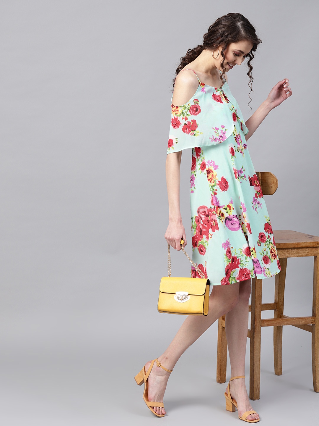 

SASSAFRAS Sea Green & Red Floral Print A-Line Dress