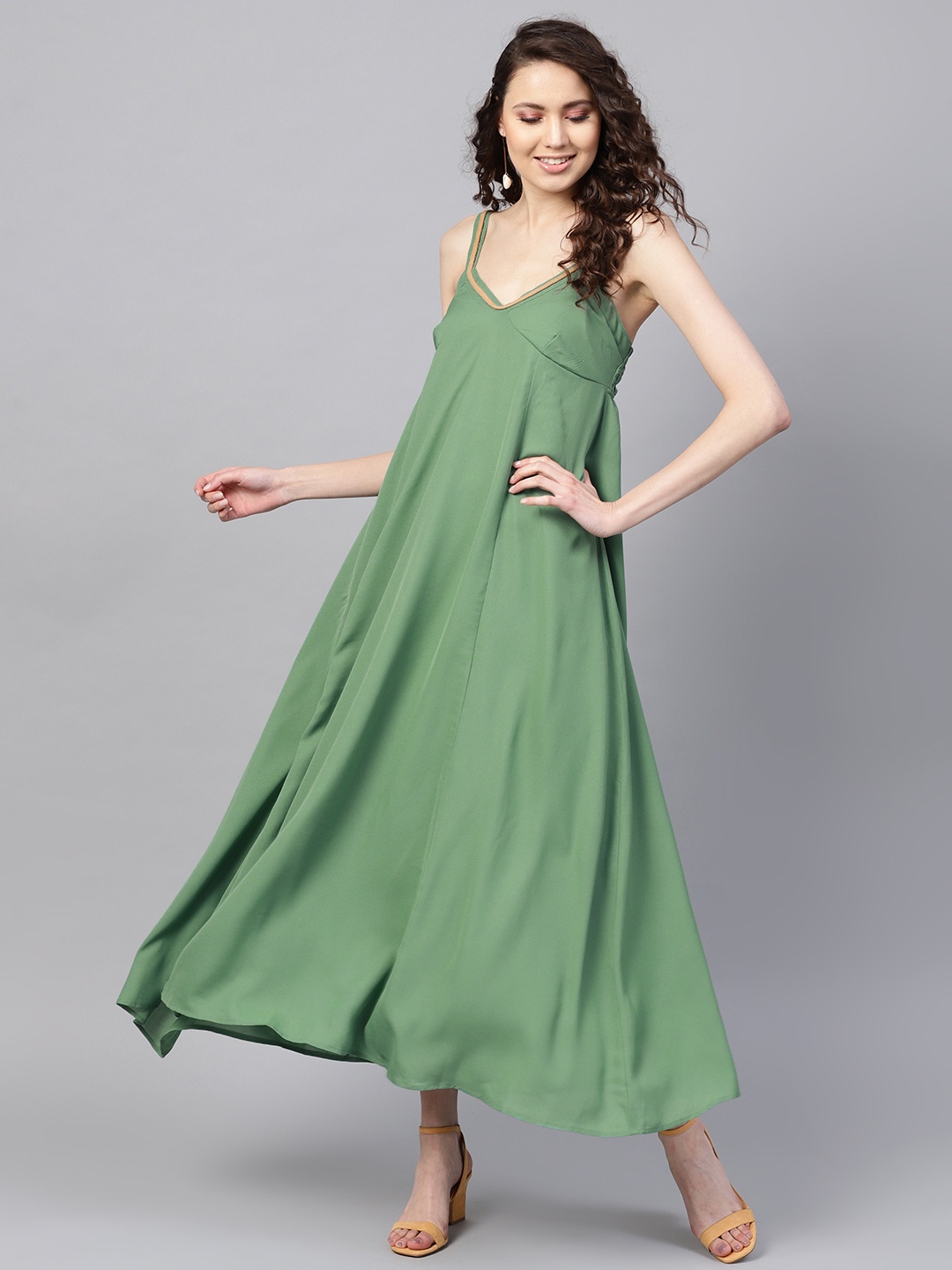 

SASSAFRAS Women Green Solid Maxi Dress