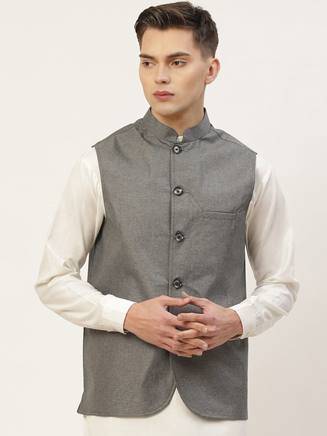 

Jompers Men Charcoal Grey Solid Woven Nehru Jacket