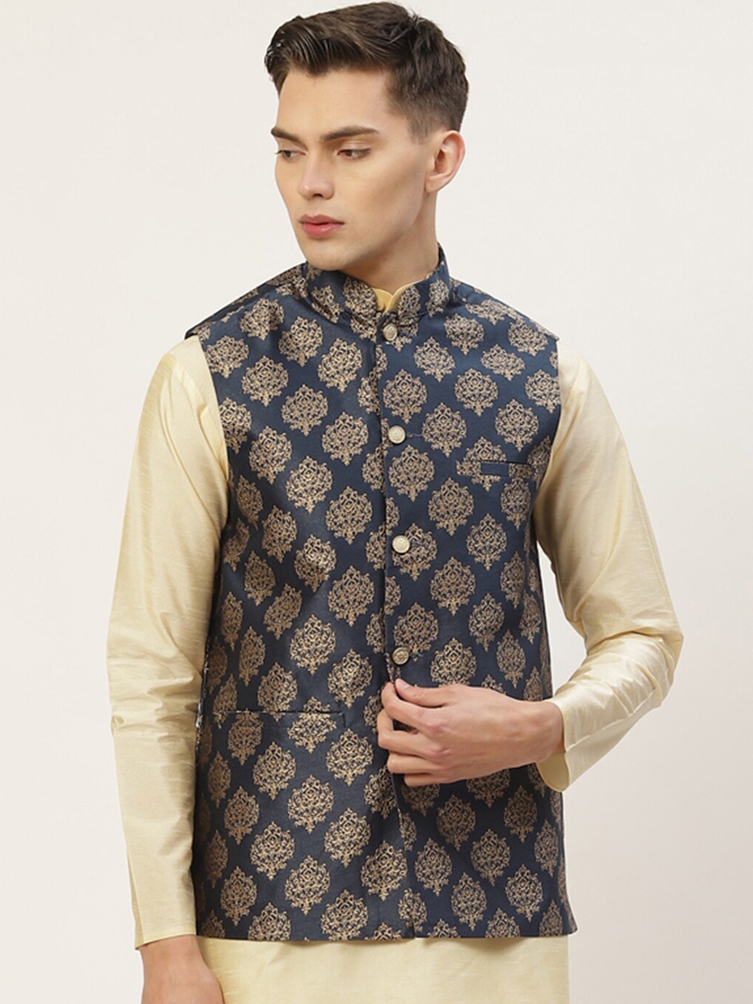 

Jompers Men Navy Blue & Gold Printed Woven Nehru Jackets