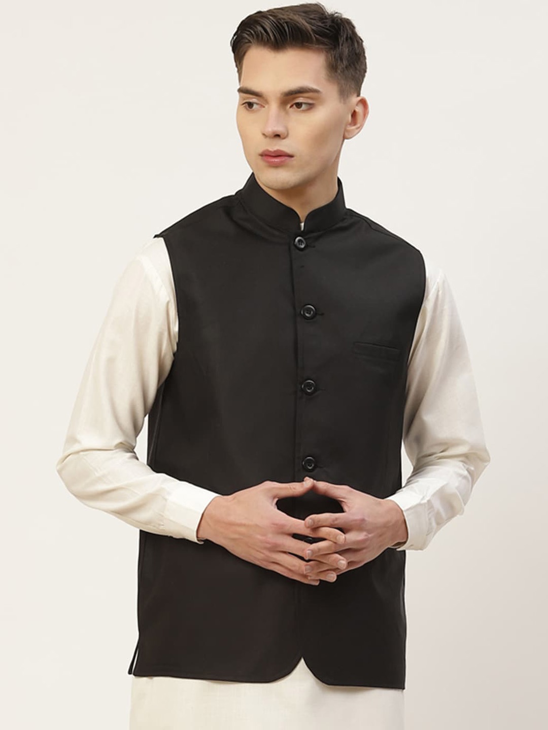 

Jompers Men Black Solid Woven-Design Nehru Jacket