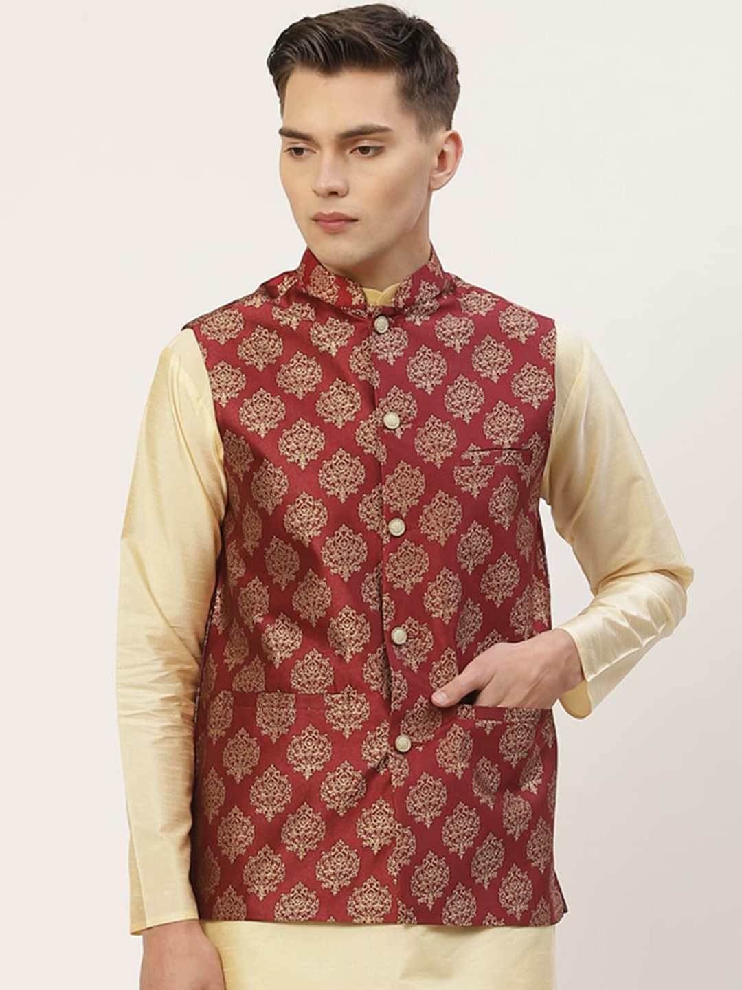 

Jompers Men Maroon Woven Design Nehru Jacket