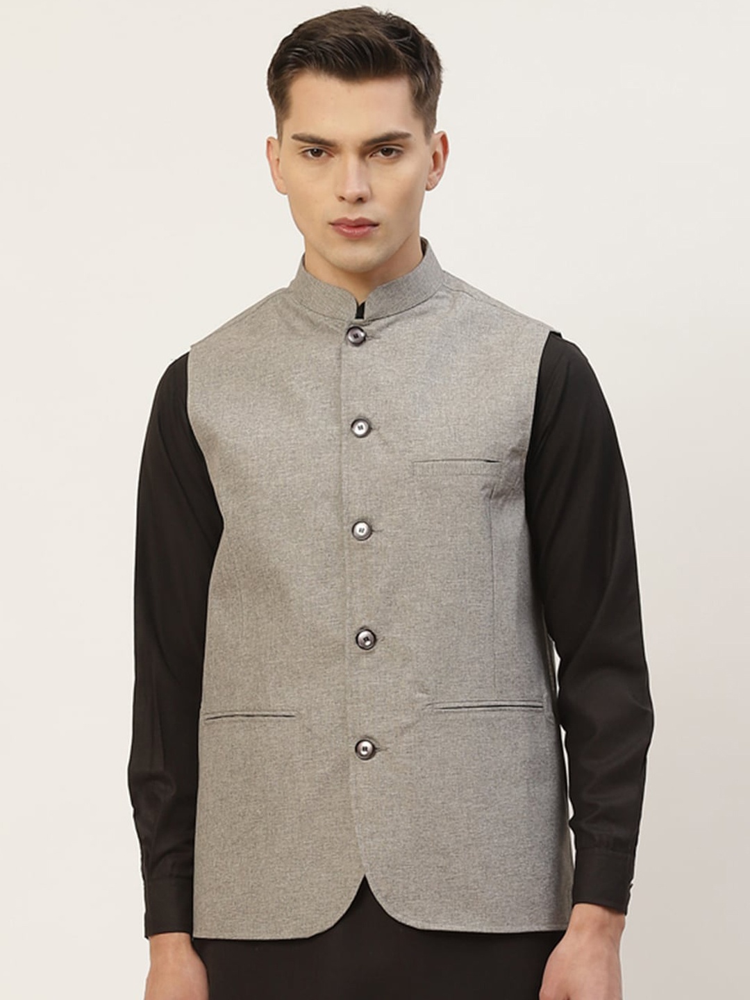 

Jompers Men Grey Solid Woven-Design Nehru Jacket