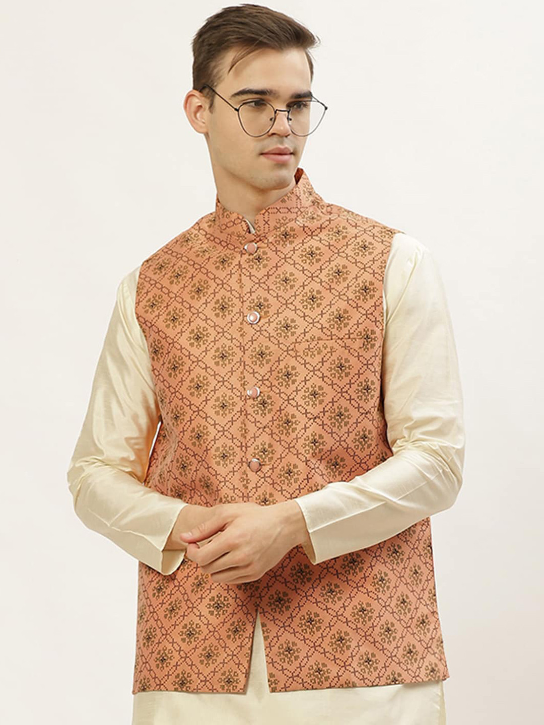 

Jompers Men Orange Ethnic Motifs Woven Design Nehru Jacket