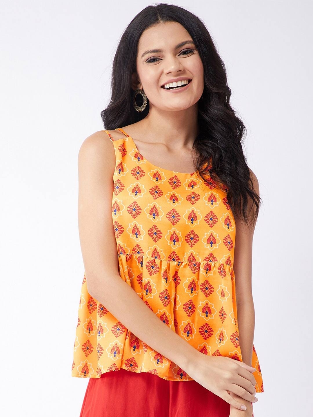 

Pannkh Women Yellow & White Printed Shoulder Straps Empire Top