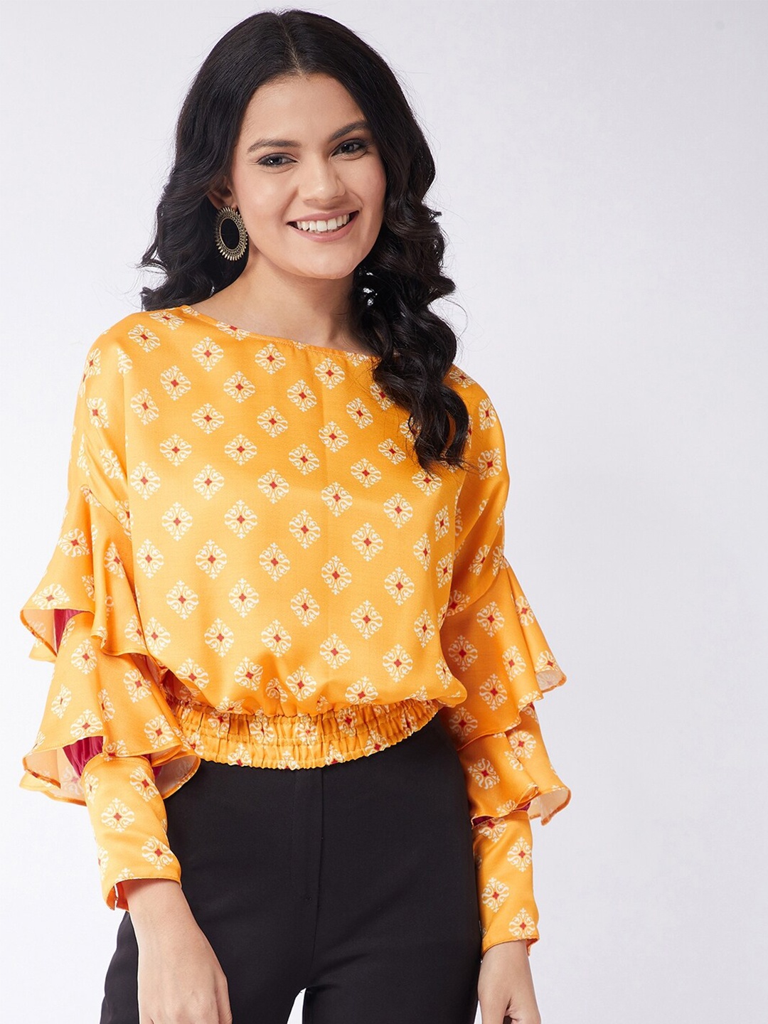 

Pannkh Women Yellow Print Bell Sleeves Blouson Top