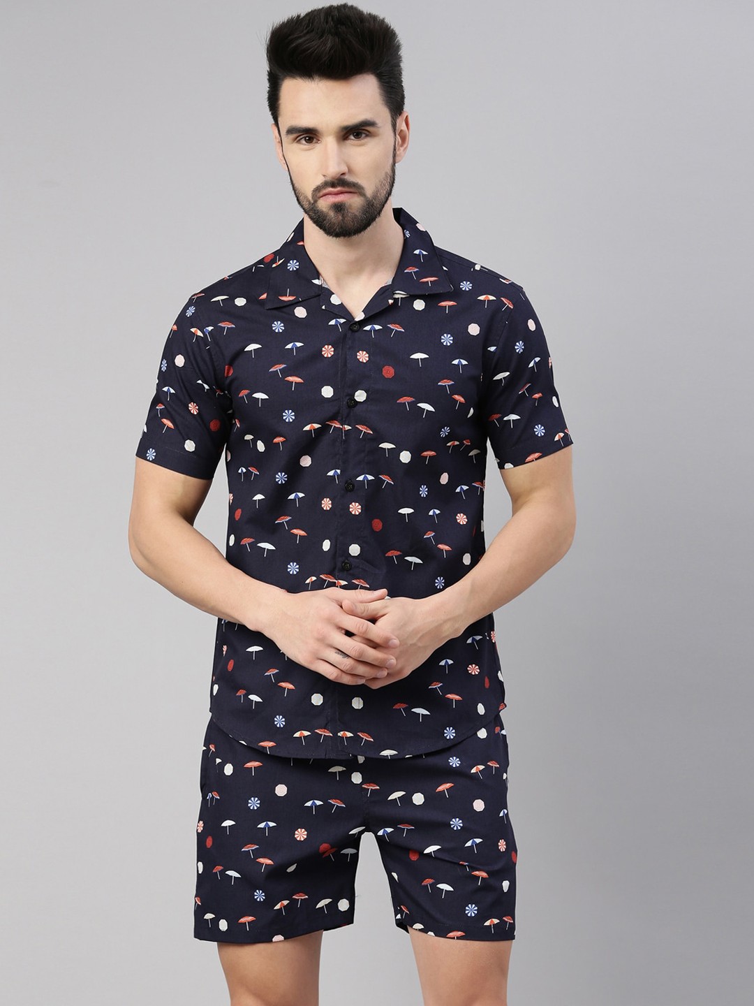 

TRUNDZ Men Navy Blue & White Printed Shorts Night suits
