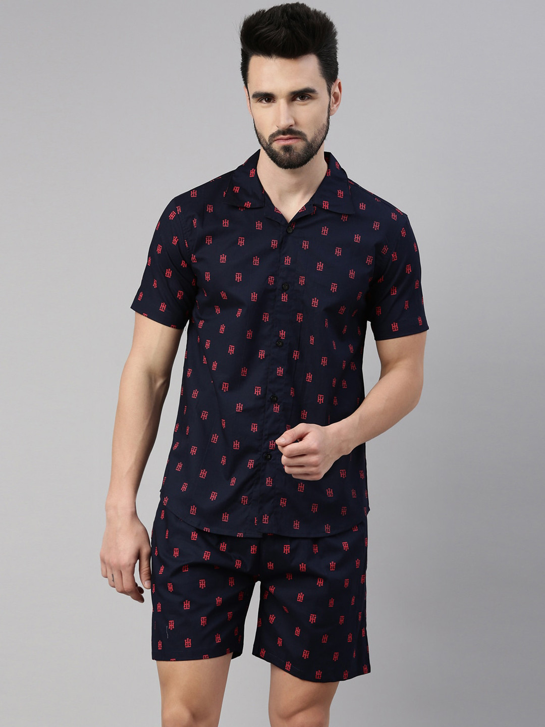 

TRUNDZ Men Navy Blue & Pink Printed Night suit