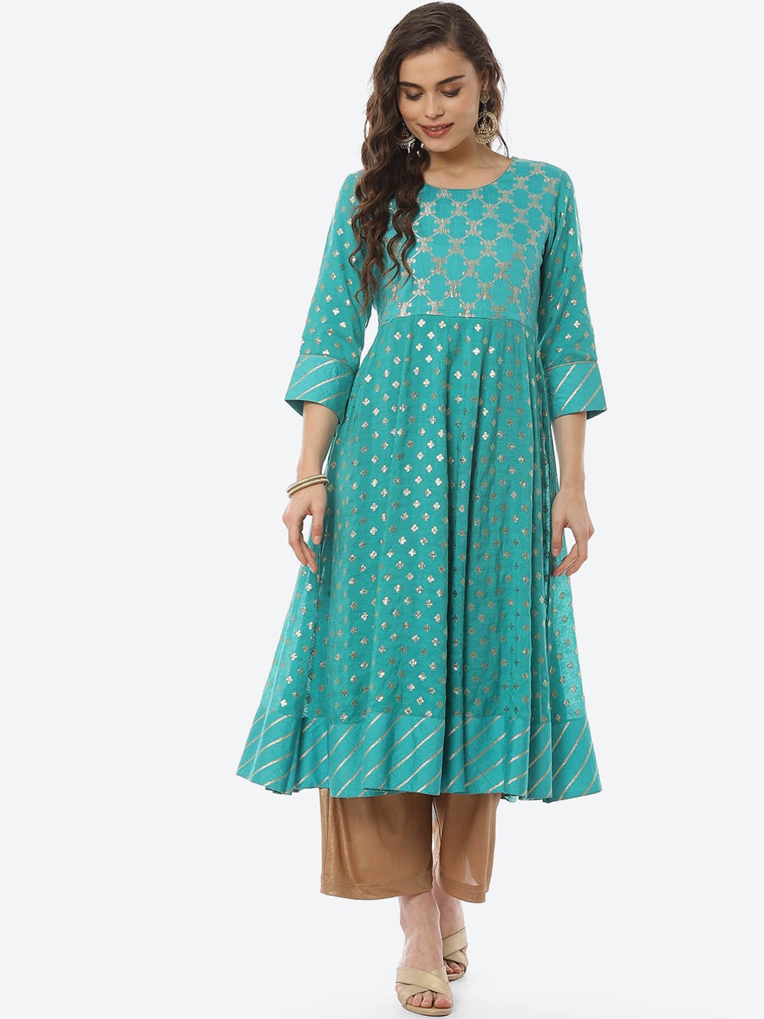 

Rangriti Women Teal Ethnic Motifs Printed Mirror Work Brocade Anarkali Kurta