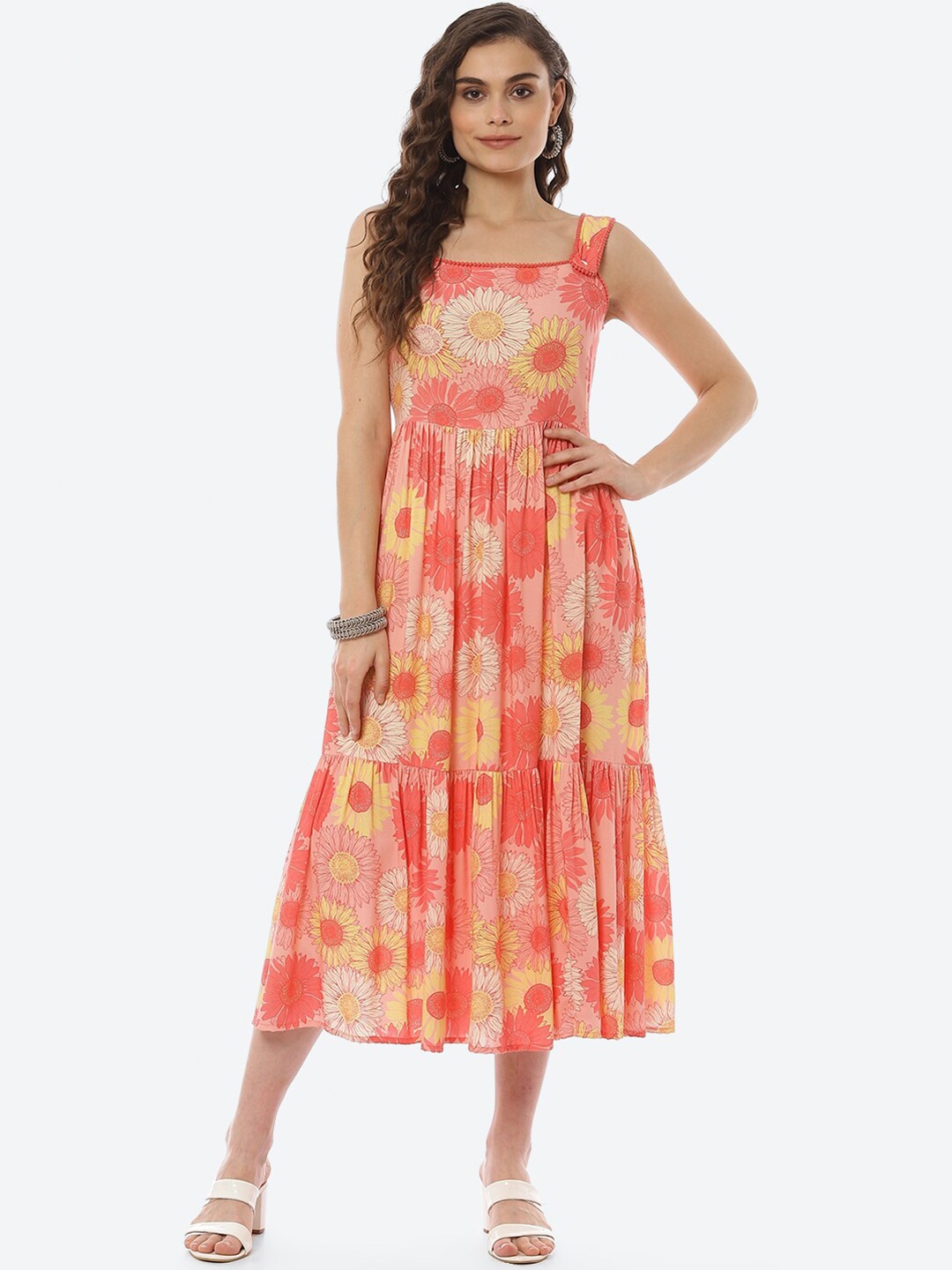 Rangriti Women Coral Floral Printed Midi Dress