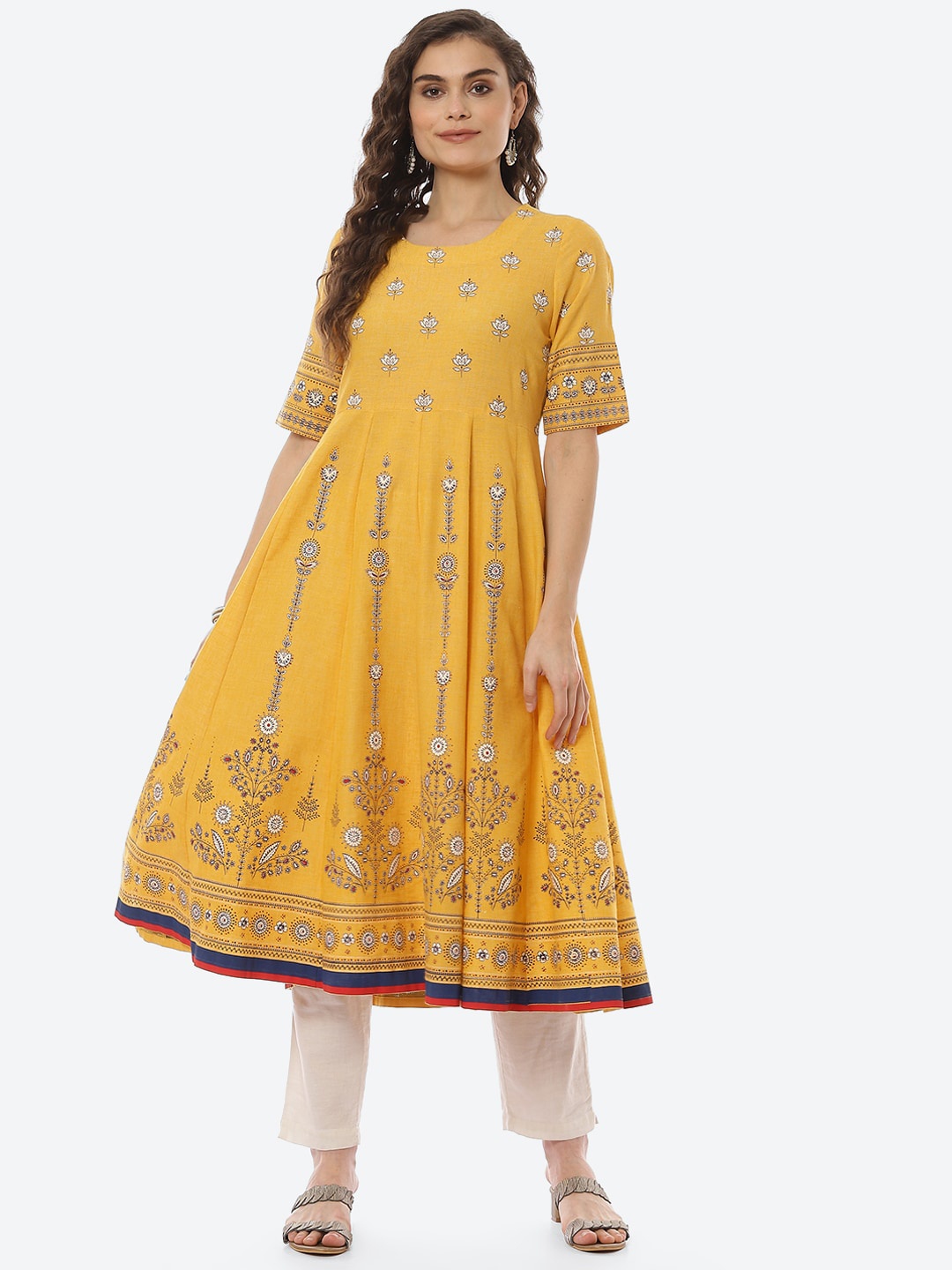 

Rangriti Women Mustard Yellow Ethnic Motifs Printed Anarkali Kurta