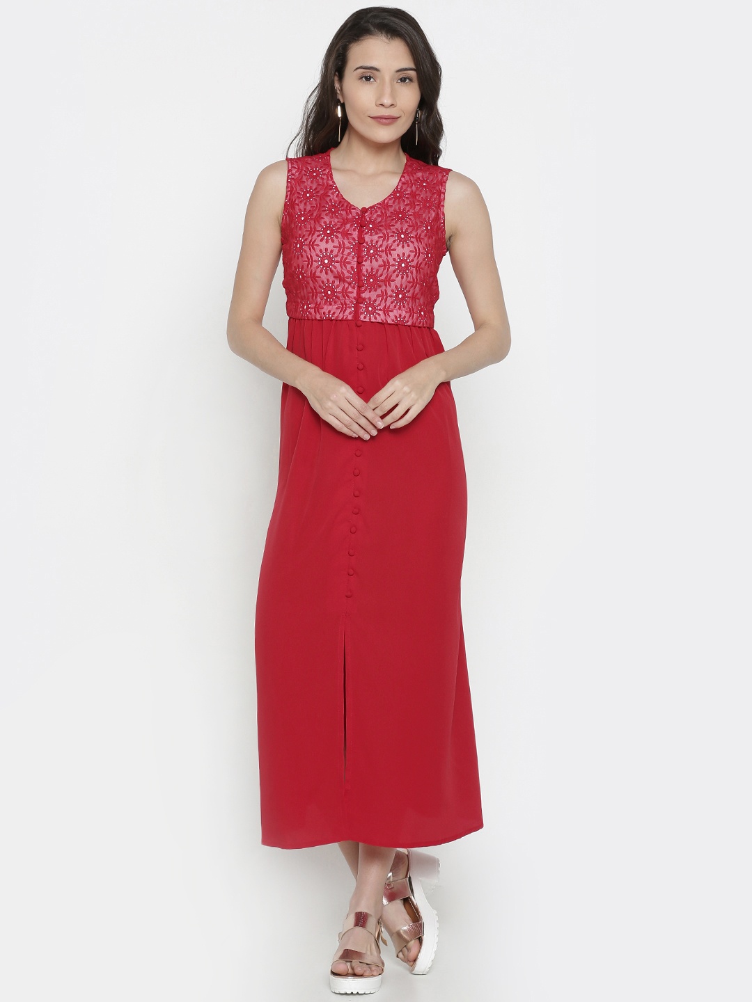 

Fusion Beats Women Red Embroidered A-Line Dress