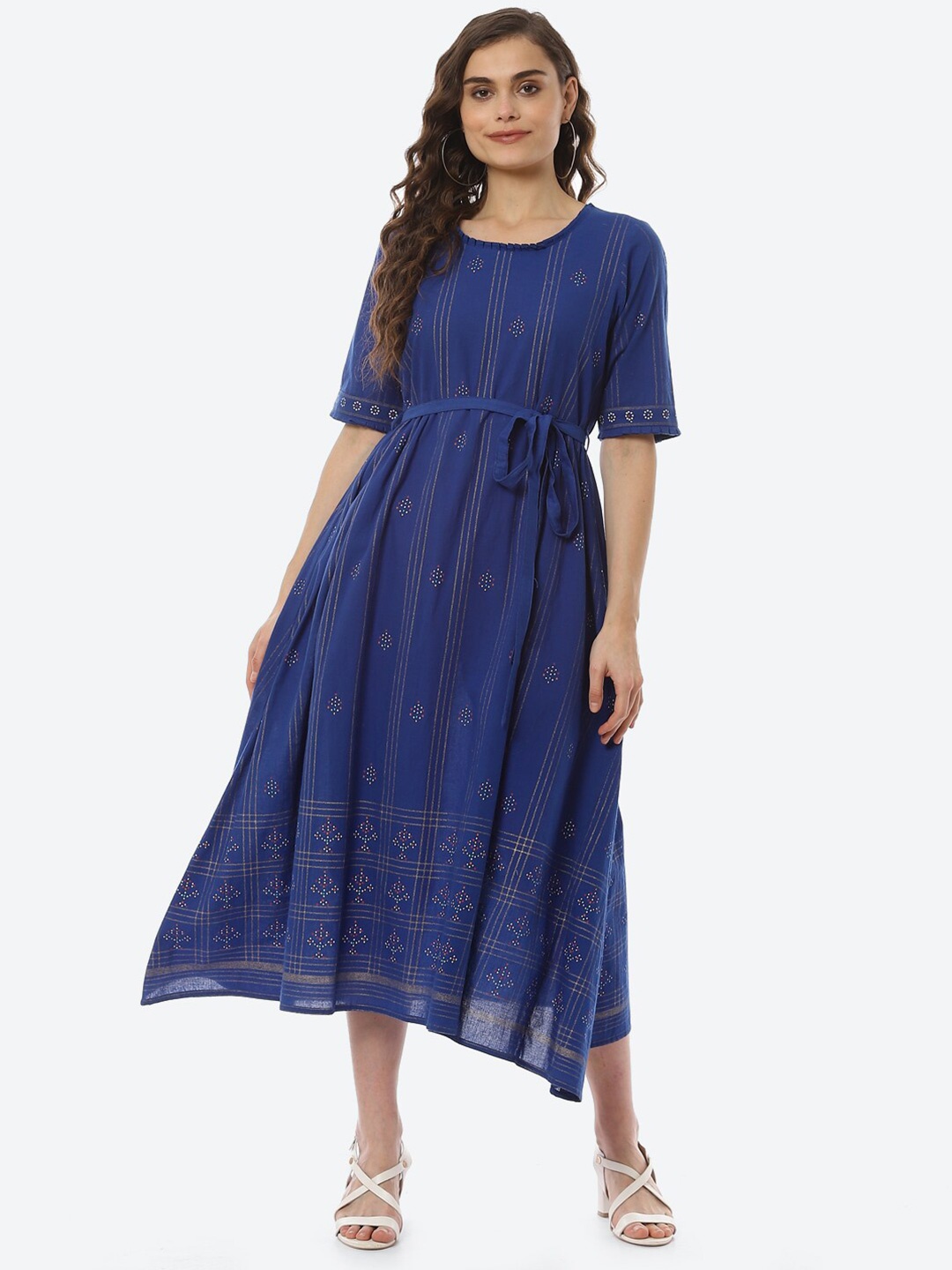 Rangriti Blue Ethnic Motifs Printed A-Line Midi Dress