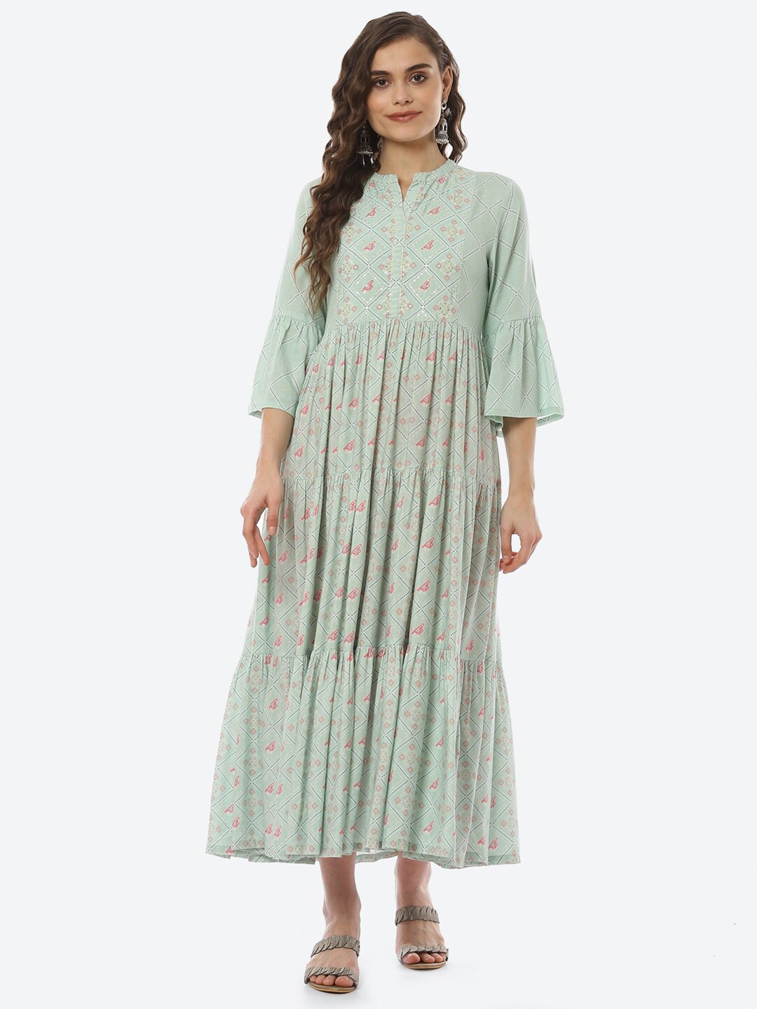 Rangriti Women Green Floral Printed Maxi Dress