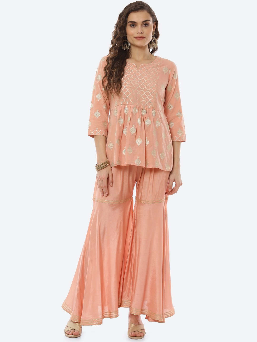 

Rangriti Women Peach-Coloured Ethnic Motifs Printed Kurti with Sharara