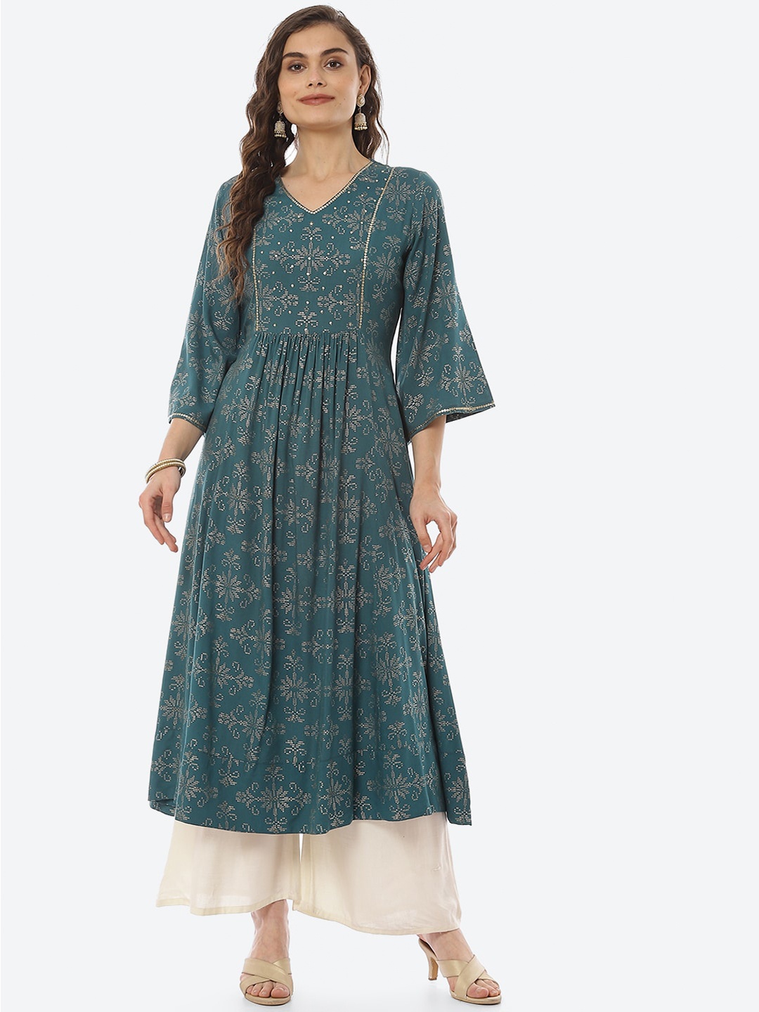 

Rangriti Women Teal Ethnic Motifs Printed A-Line Midi Dress