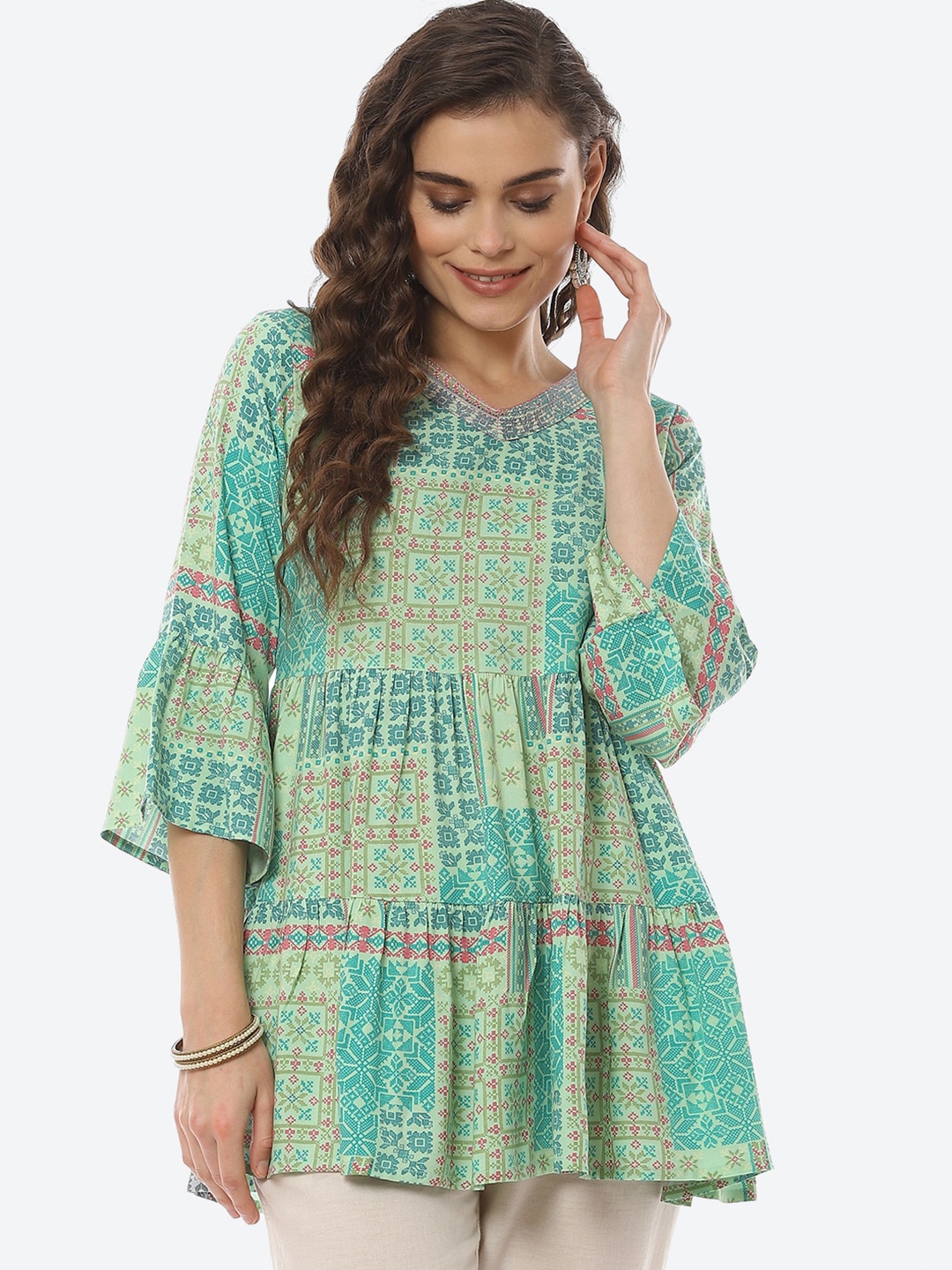 

Rangriti Mint Green Printed V-neck Empire Top