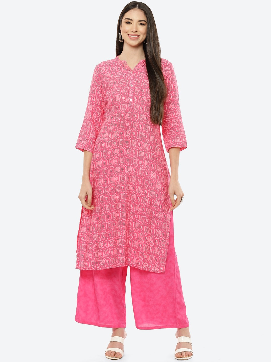 

Rangriti Women Pink Striped Kurti with Palazzos