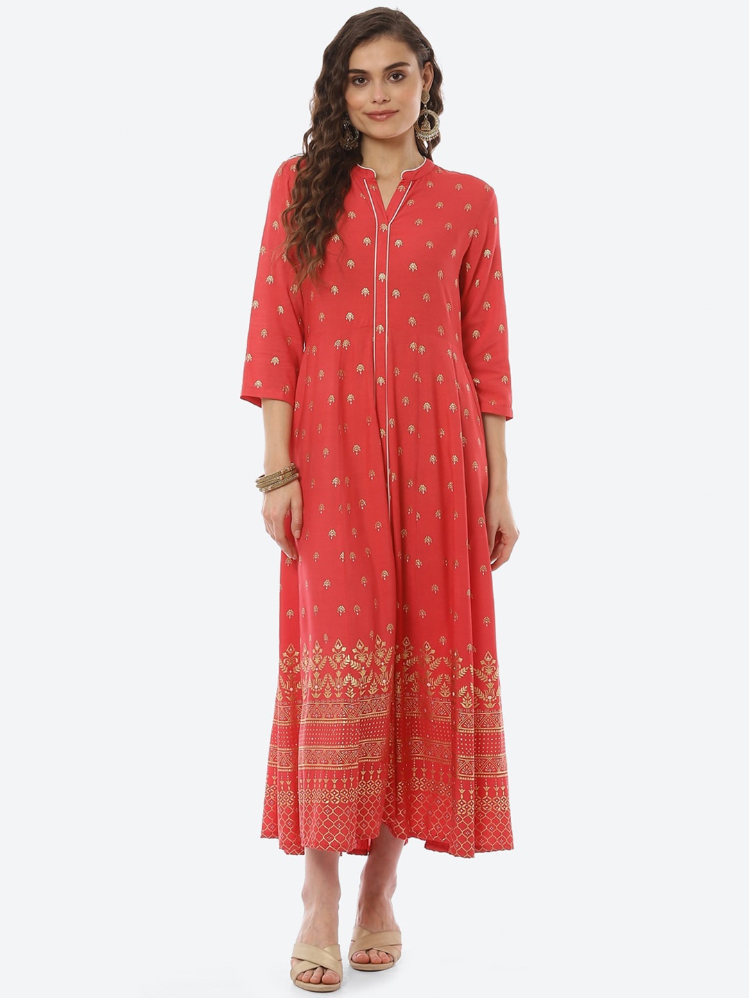 

Rangriti Women Coral Ethnic Motifs Printed A-Line Midi Dress