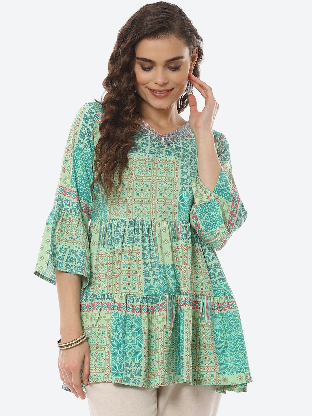 

Rangriti Mint Green Print Bell Sleeves Empire Top