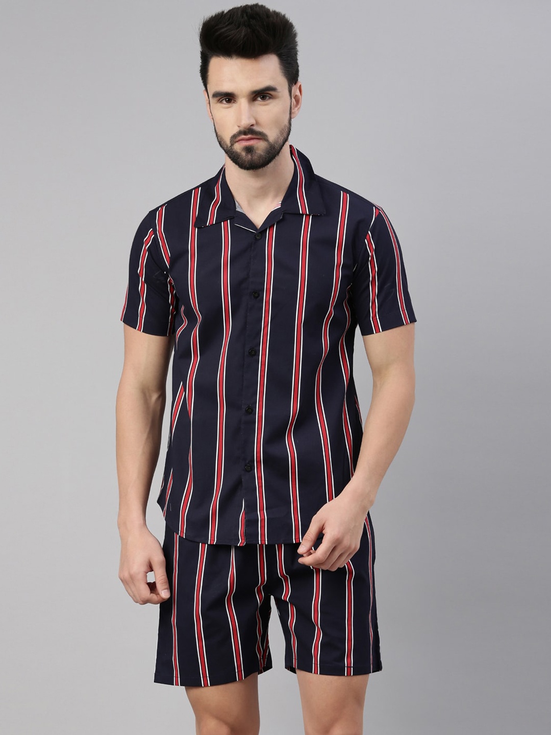 

TRUNDZ Men Navy Blue & Red Striped Night Suit