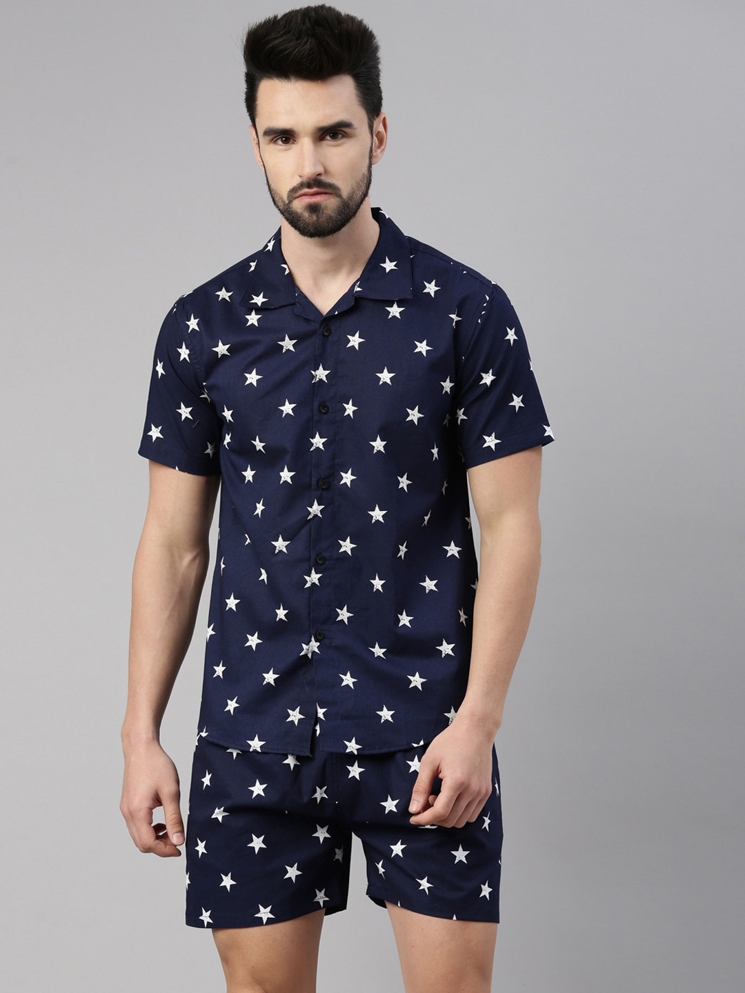

TRUNDZ Men Navy Blue & White Printed Night Suit