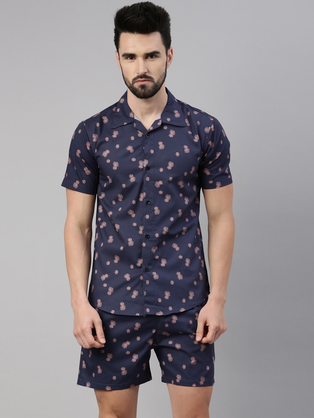 

TRUNDZ Men Navy Blue & Pink Floral Printed Night Suit