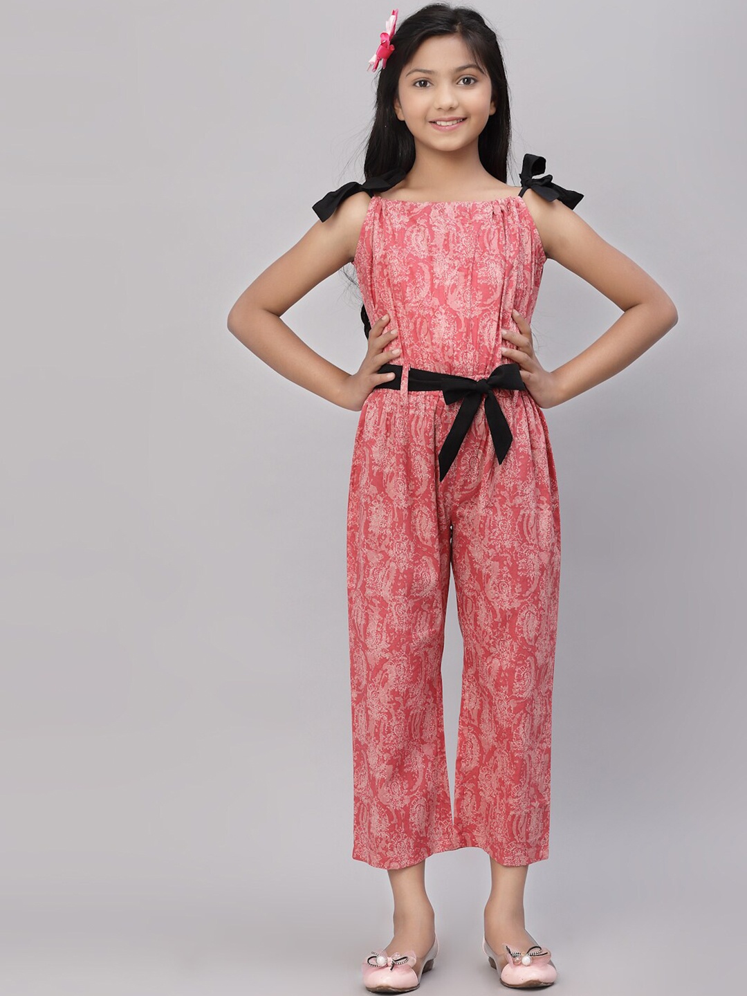 

NISHAB Girls Pink & Black Printed Cotton Basic Jumpsuit