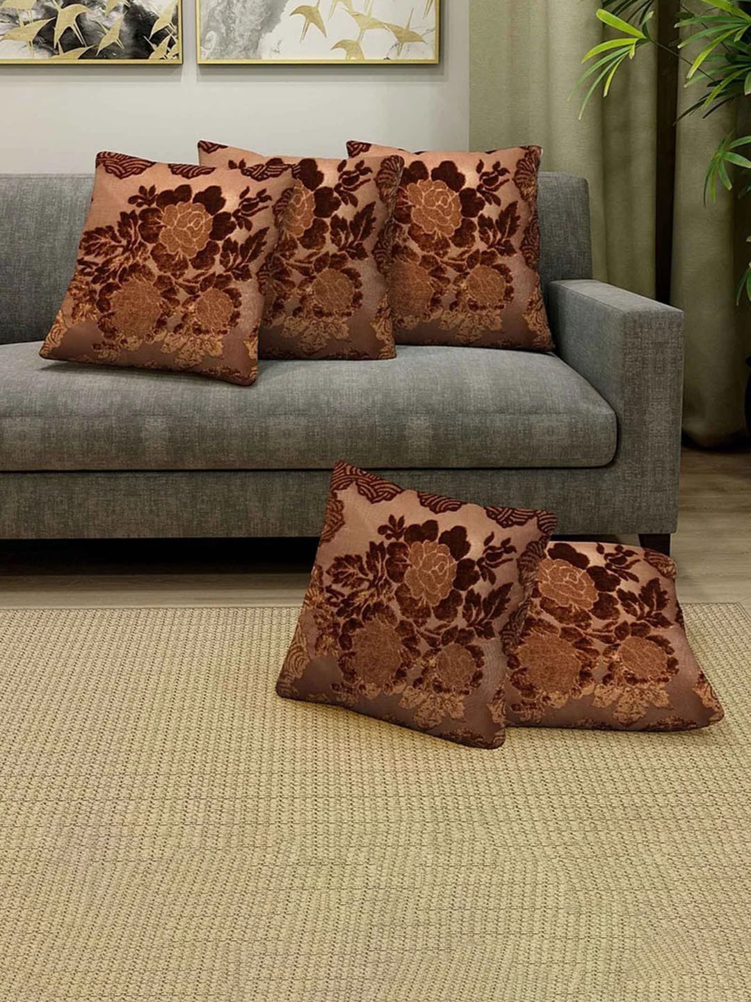 

THE little BIG STORE Brown Set of 5 Floral Velvet Square Cushion Covers