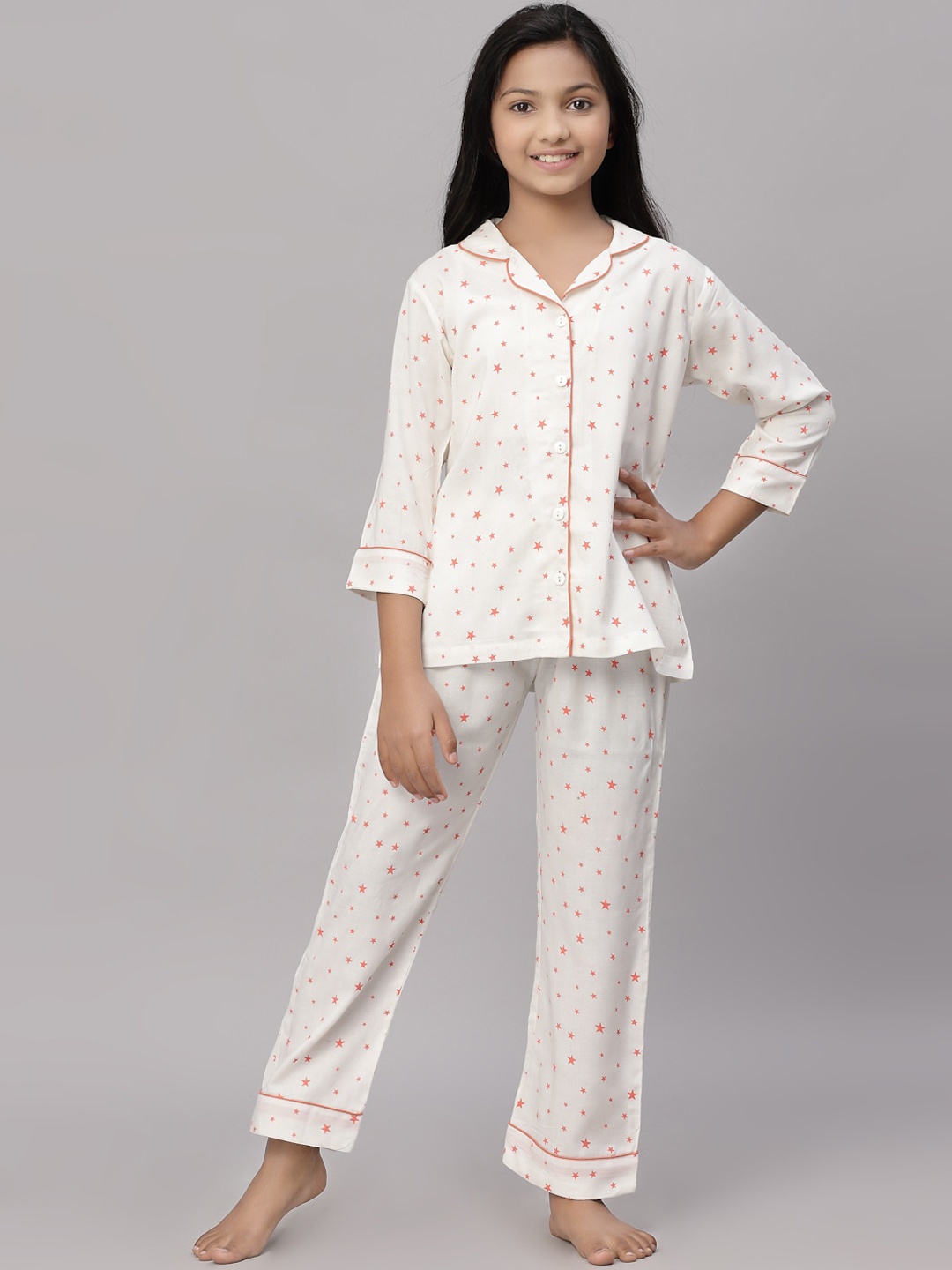 

NISHAB Girls Off-White & Rust Star Printed Night Suit