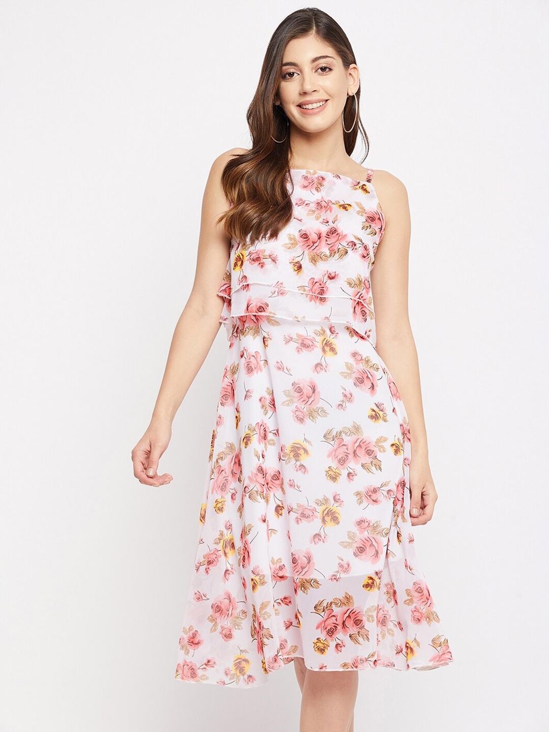 

Color Cocktail Women White Floral Layered Georgette Midi Dress