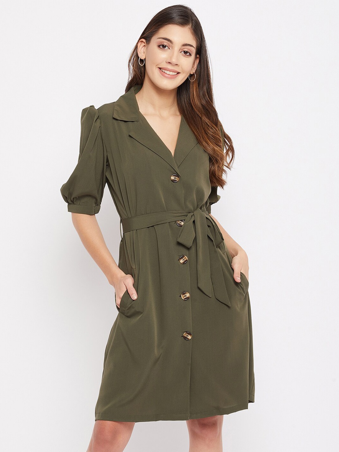 

Color Cocktail Women Olive Green Crepe Shirt Dress
