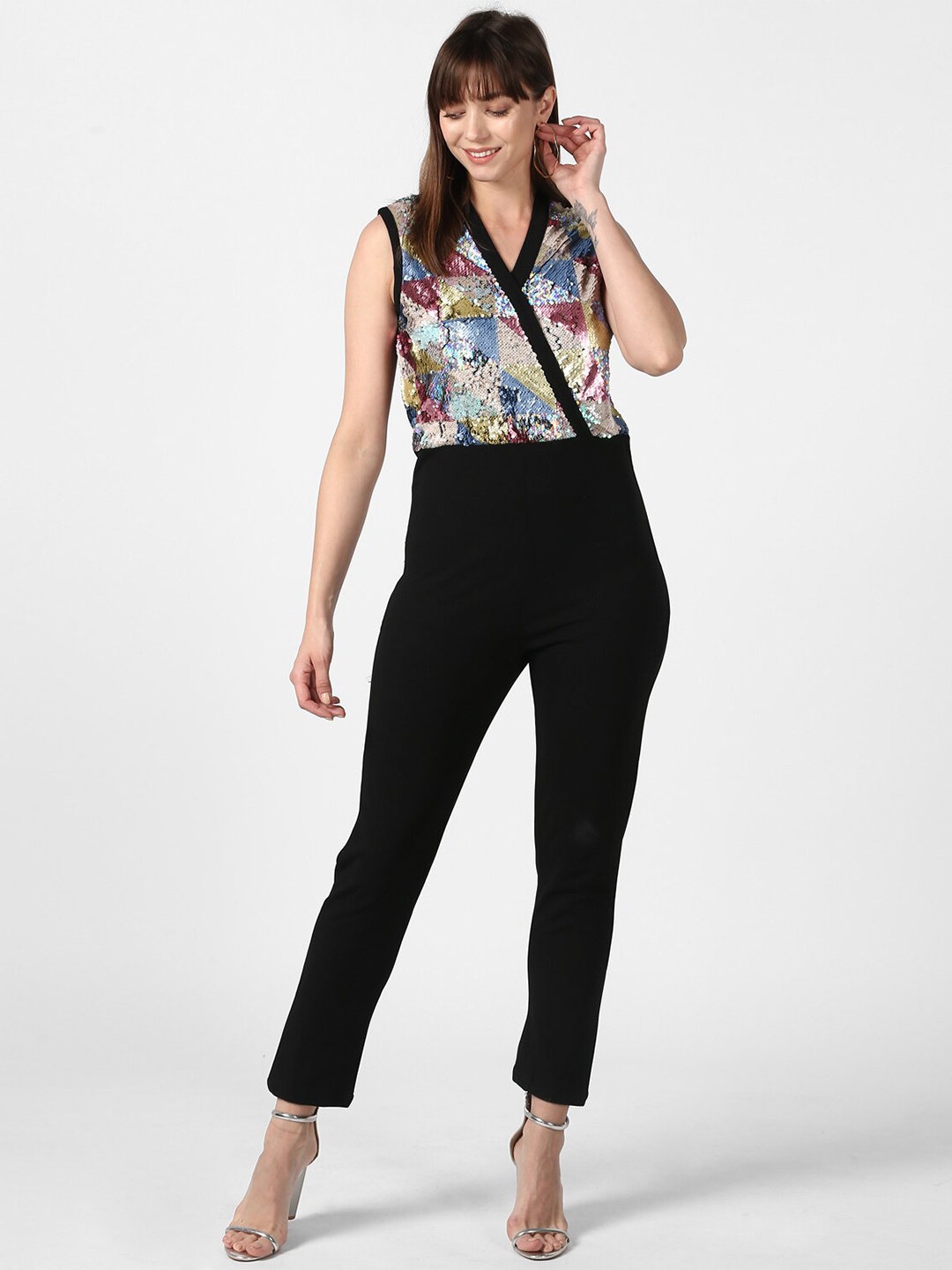 StyleStone Black & Blue Sequined Embellished Basic Jumpsuit with Embellished