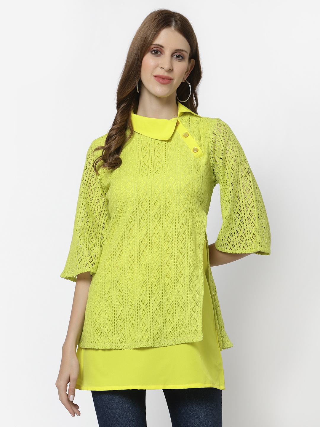 

Karmic Vision Women Yellow Layered Net Top