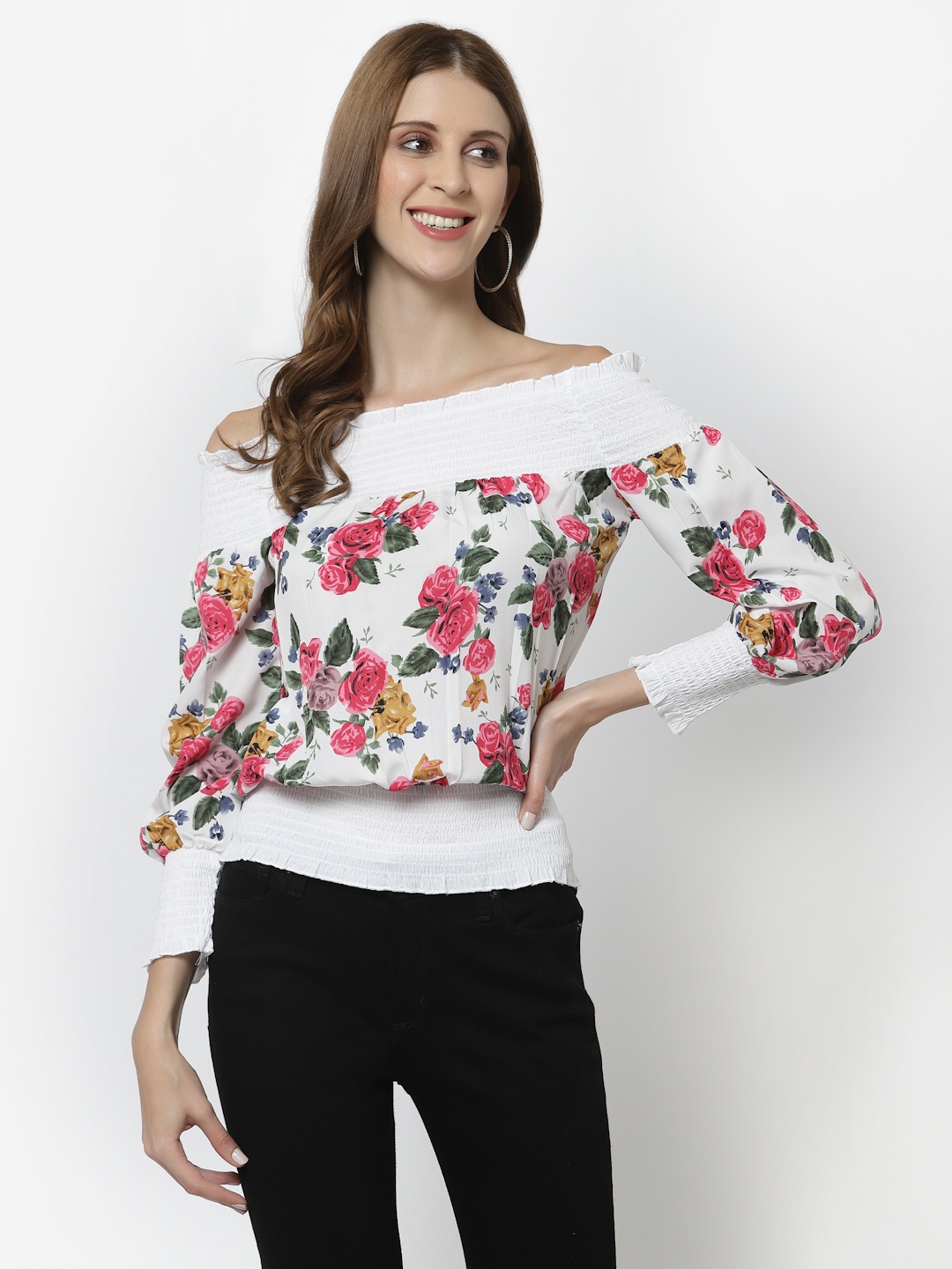 

Karmic Vision Women White & Red Floral Printed Off-Shoulder Crepe Top