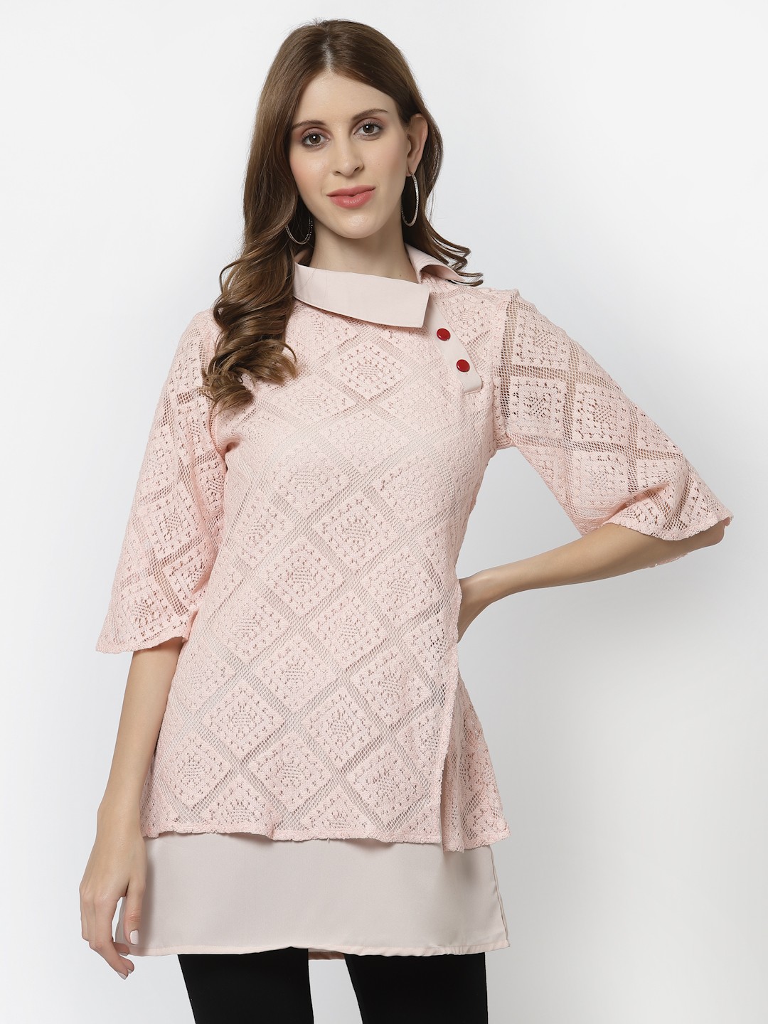 

Karmic Vision Women Beige Layered Net Longline Top